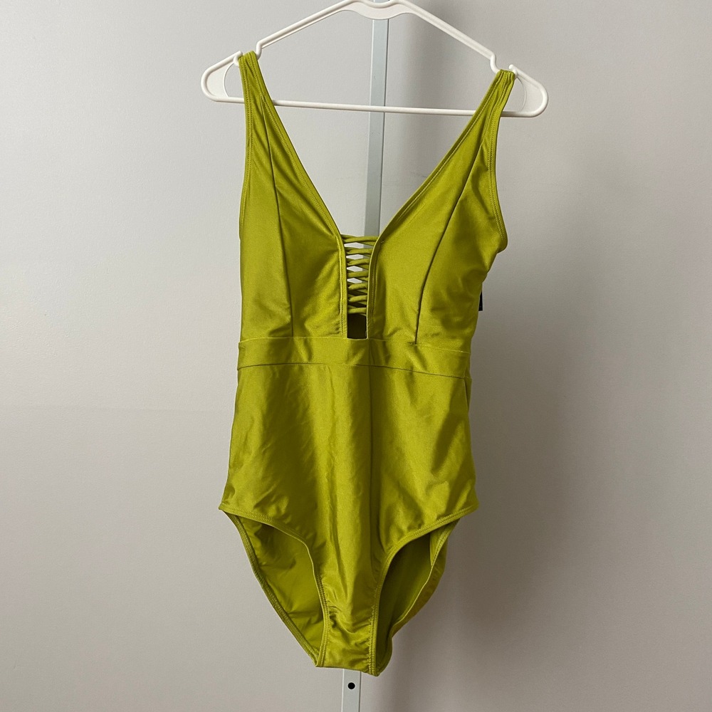 Catherine Malandrino L Grenoble Green Deep V Lace Up One Piece Swimsuit NWT